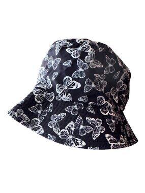 Black Bucket Hat With White Butterfly Print Cotton & Polyester Blend 2.5-Inch Br